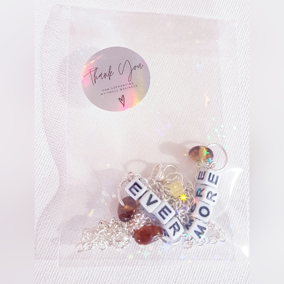 Evermore Necklace Amber Gems Black and White Blocked Lettering Handmade - Picture 12 of 12